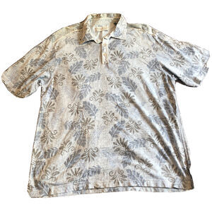 Tommy Bahama Large Hawiian Print Blue Tencel Short Sleeve Polo Collared Shirt